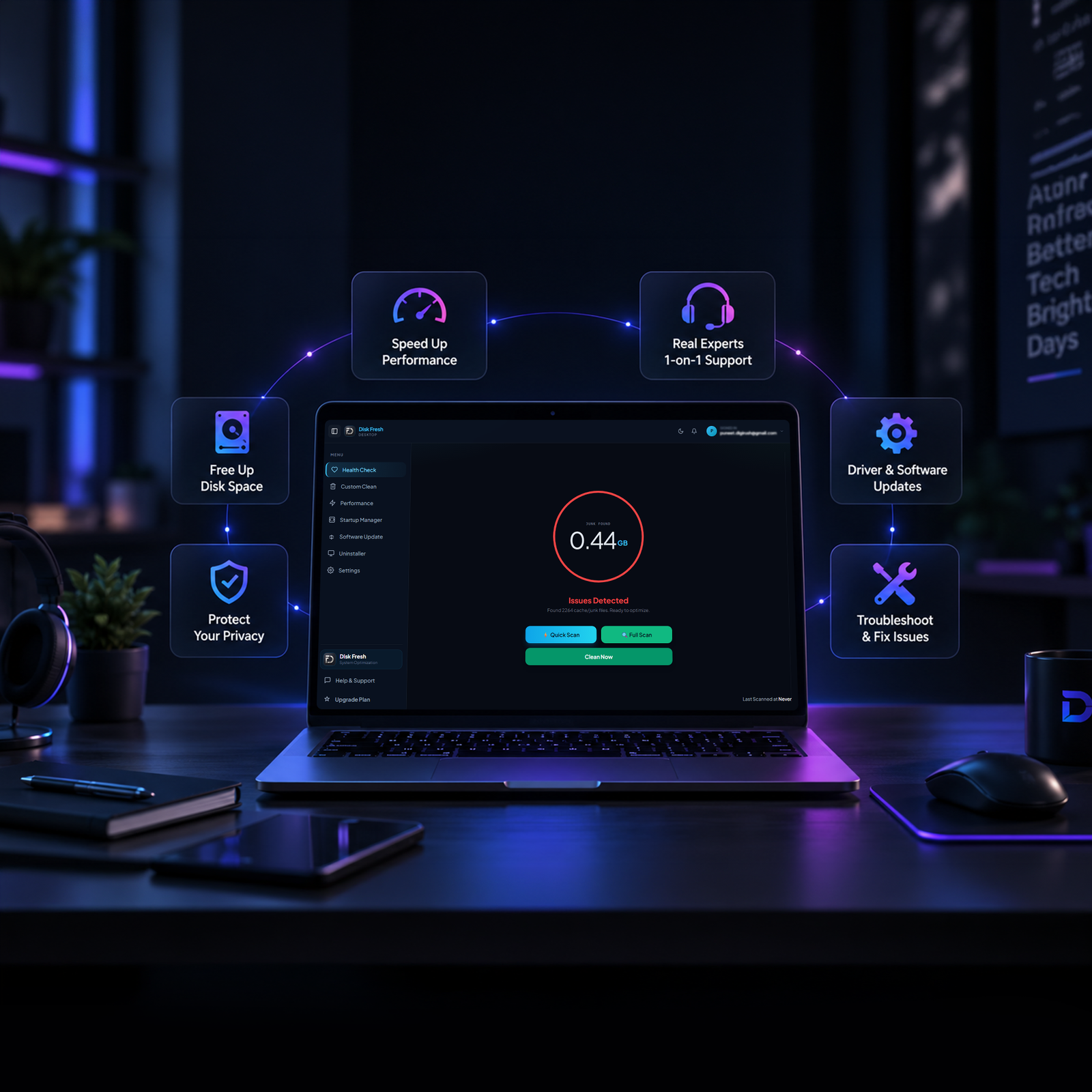 DiskFresh dashboard showing a quick scan on a laptop, surrounded by Speed Up Performance, Free Up Disk Space, Protect Your Privacy, Real Experts Support, Driver & Software Updates, and Troubleshoot & Fix Issues